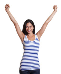 Fototapeta premium Cheering turkish woman in a striped shirt
