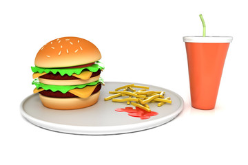 burger, fries and juice on plate