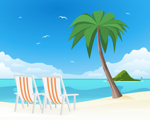 Fototapeta premium Two beach chairs on tropical white sand