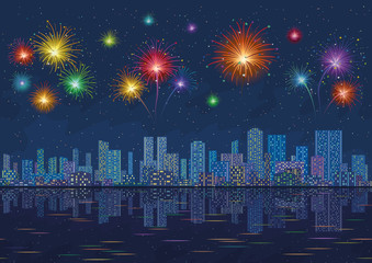 Night city landscape with fireworks, seamless