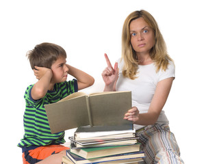 mother trying to teach her angry boy