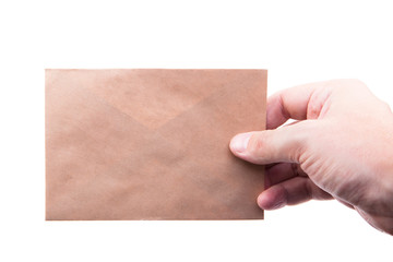 Fototapeta premium hand holding envelopes with letters on the white background isol