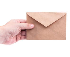 Fototapeta premium hand holding envelopes with letters on the white background isol