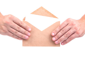 hands holding envelopes with letters on the white background iso