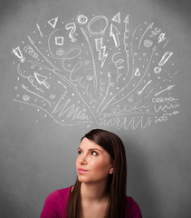 Young woman thinking with sketched arrows above her head