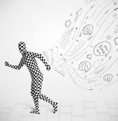 Guy in body suit morphsuit looking at sketches and doodles