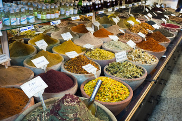 Spices nuts and other food for sale at a market in the old city