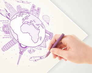 Hand drawing vacation trip around the earth with landmarks and c