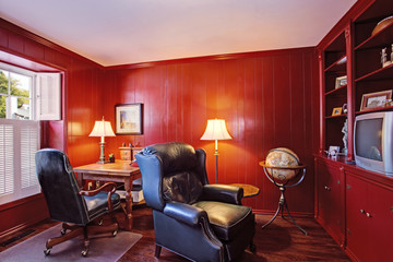 Bright red office room inteiror in old house