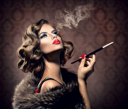 Retro Woman with Mouthpiece. Vintage Styled Beautiful Lady