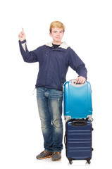 Funny man with luggage on white