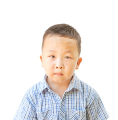 emotional Asian boy 6 years old, isolated on white background