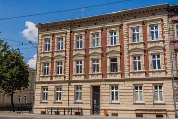 Facade of newly renovated stylish tenement in Katowice