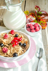 Wholegrain granola with milk and fresh berries