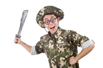 Funny soldier with knife on white