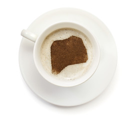 Cup of coffee with foam and powder in the shape of Rwanda.(serie