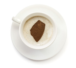 Cup of coffee with foam and powder in the shape of Swaziland.(se