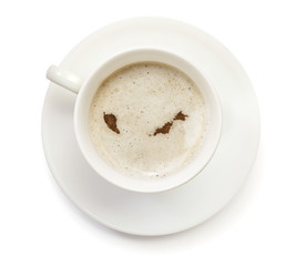 Cup of coffee with foam and powder in the shape of Malaysia.(ser