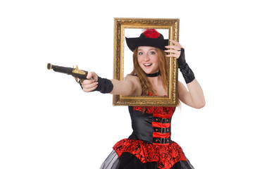 Woman pirate with gun and picture frame