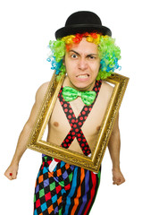 Clown with picture frame isolated on white