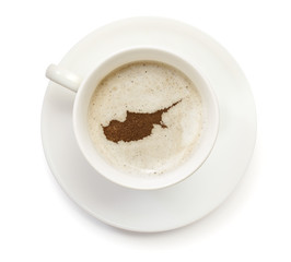 Cup of coffee with foam and powder in the shape of Cyprus.(serie