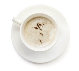 Cup of coffee with foam and powder in the shape of Faroe Islands