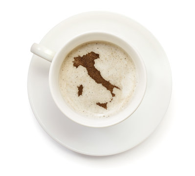 Cup Of Coffee With Foam And Powder In The Shape Of Italy.(series