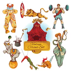  Circus vintage gekleurde pictogrammen set © Macrovector
