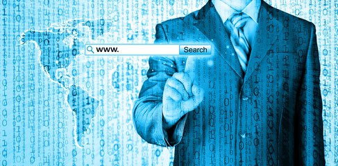 Businessman pushing virtual search bar
