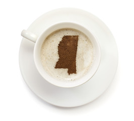 Cup of coffee with foam and powder in the shape of Mississippi.(