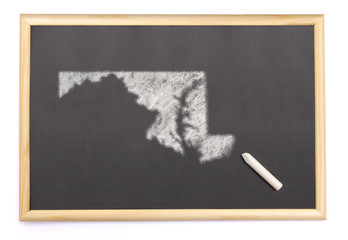 Blackboard with a chalk and the shape of Maryland drawn onto. (s
