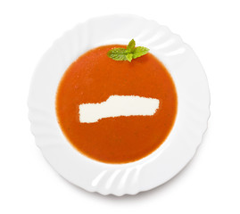 Plate tomato soup with cream in the shape of Gambia.(series)