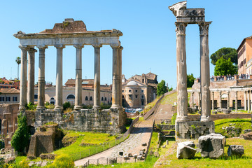 Ruins of ancient Temple of Saturn in Roman Forum, Rome, Italy