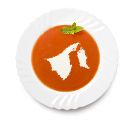 Plate tomato soup with cream in the shape of Brunei.(series)