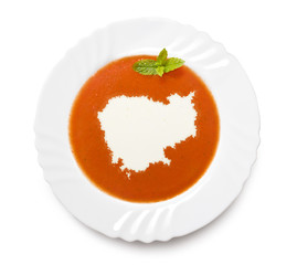 Plate tomato soup with cream in the shape of Cambodia.(series)