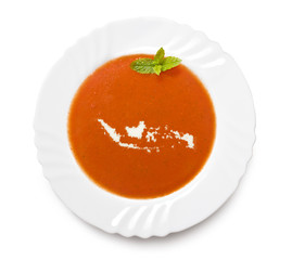 Plate tomato soup with cream in the shape of Indonesia.(series)