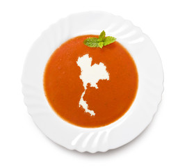 Plate tomato soup with cream in the shape of Thailand.(series)