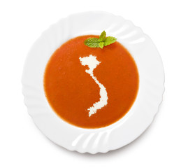 Plate tomato soup with cream in the shape of Vietnam.(series)