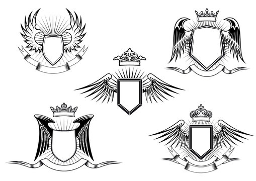 Set of heraldic winged shields
