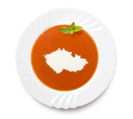 Plate tomato soup with cream in the shape of Czech Republic.(ser