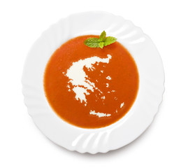 Plate tomato soup with cream in the shape of Greece.(series)