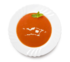 Plate tomato soup with cream in the shape of Palmyra Atoll.(seri