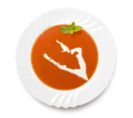 Plate tomato soup with cream in the shape of Wake Island.(series