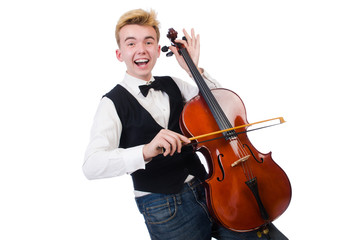 Funny man with violin on white