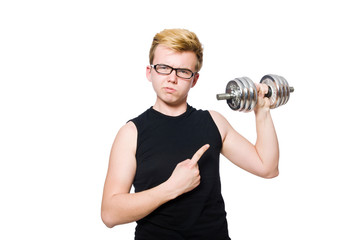 Man with dumbbells isolated on white