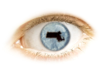 Naklejka premium Close-up of an eye with the pupil in the shape of Massachusetts.