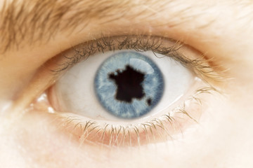 Close-up of an eye with the pupil in the shape of France.(series