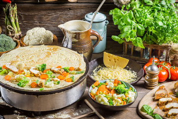 Homemade baking pancakes in the countryside