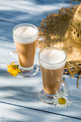 Coffee latte served in a sunny day