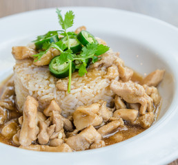 Chicken with brown sauce on rice